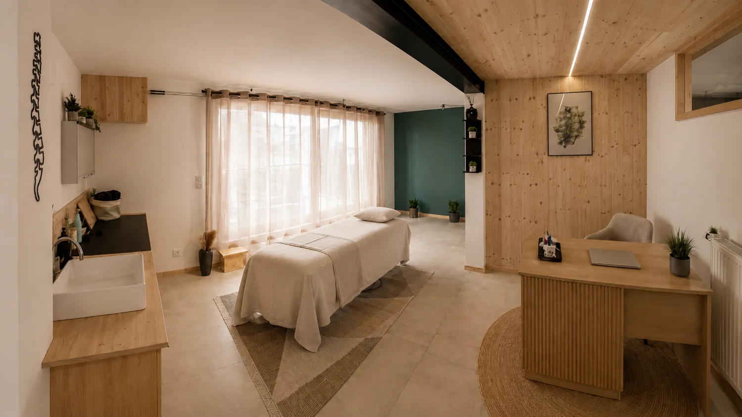 Vue d’ensemble chaleureuse et naturelle du cabinet de soin à Pontarlier